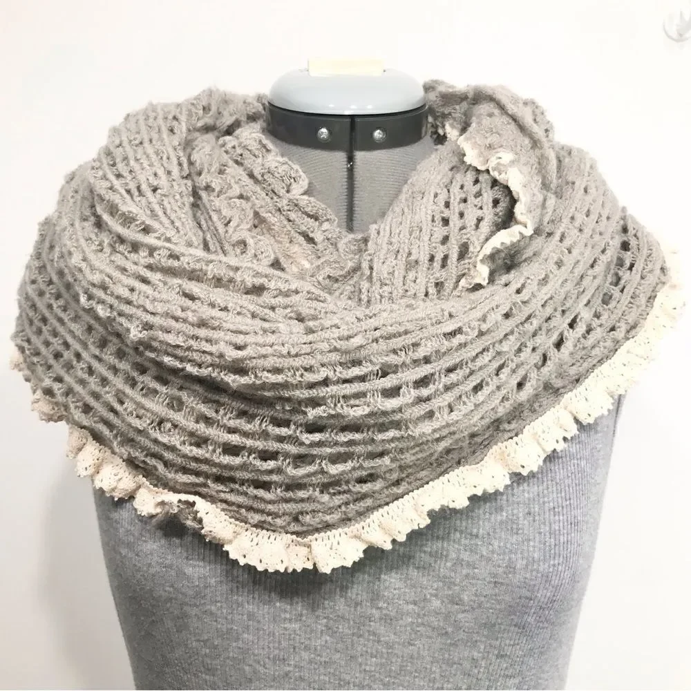 Vanity Gray Open Knit Infinity Scarf with cream lace trim- New With Tags
